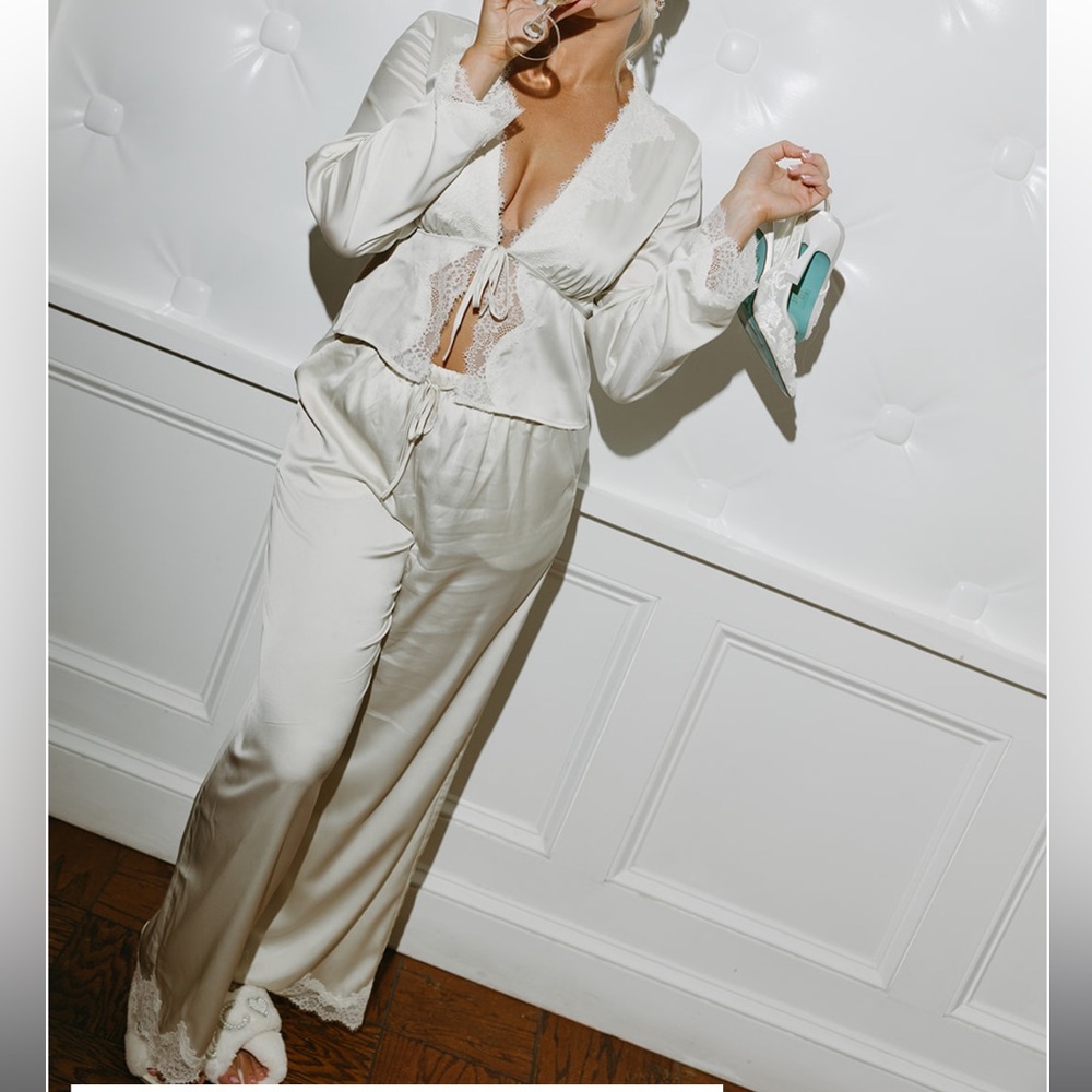White Lace Trim Satin Pj Set